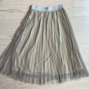 Pleated Midi Skirt with Mesh, A-Line, Taupe/Tan, Flowy, Women's (US S)